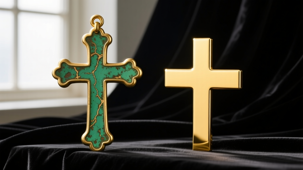 Comparison of a worn gold-plated brass cross showing green oxidation, next to a pristine solid 14k gold piece on dark velvet.