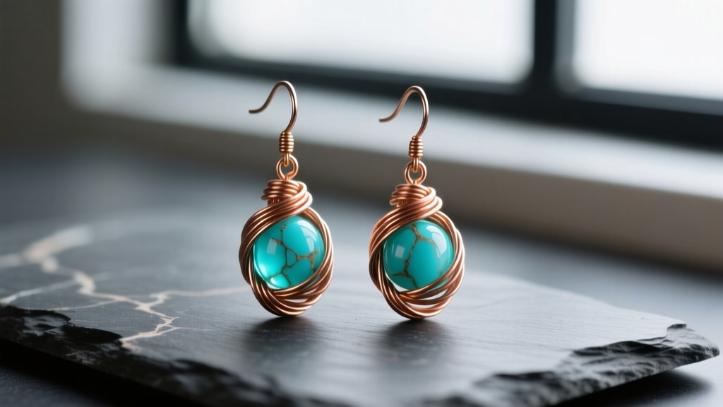 Macro shot of handmade dangle earrings with turquoise beads and coiled 24-gauge copper wire wraps resting on a dark slate surface.