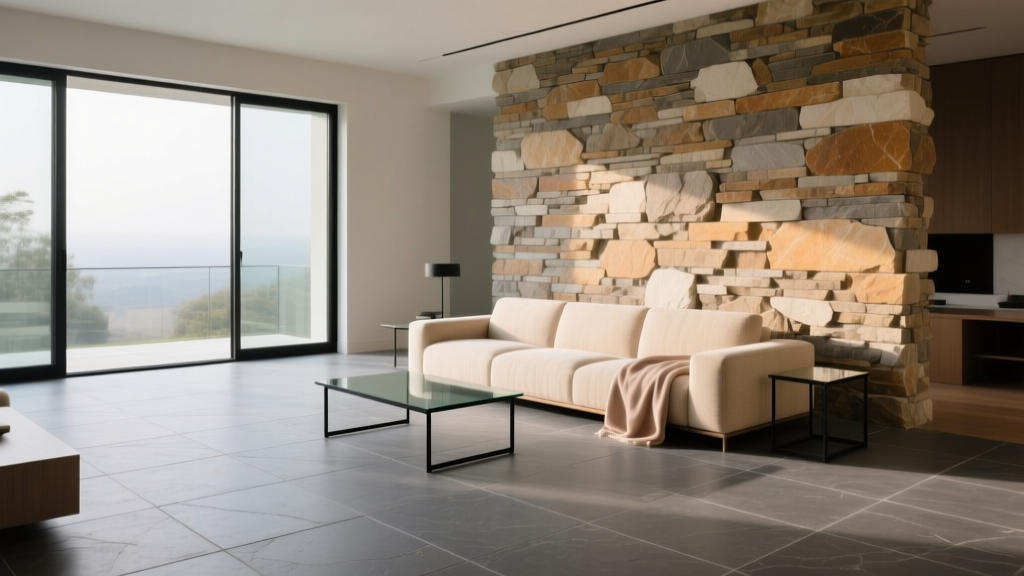 Interior living room featuring large format gauged slate stone tiles on the floor transitioning seamlessly into a stacked stone veneer accent wall