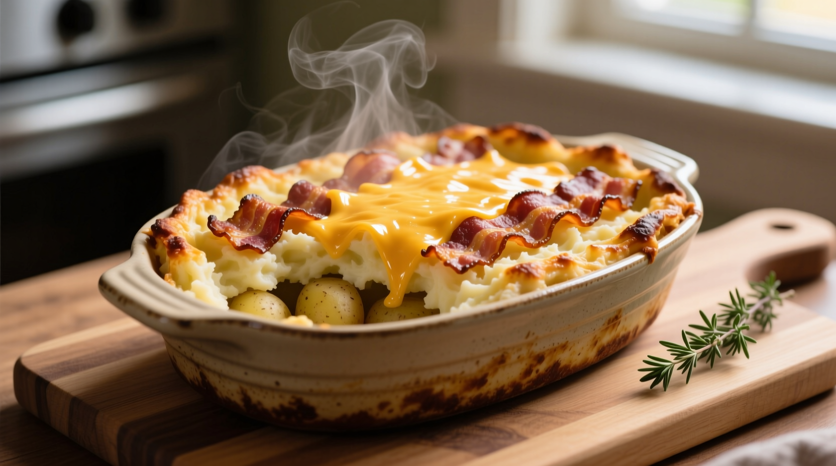 Golden potato bacon casserole fresh from oven