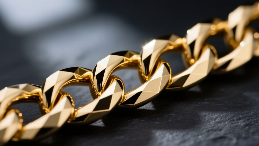 Macro shot of a beveled 14kt gold curb chain link, highlighting diamond-cut facets and seamless soldering on dark slate