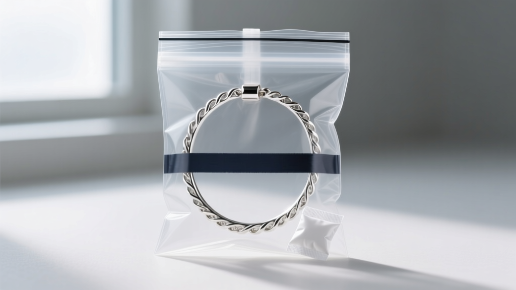 Polished 925 silver bracelet sealed in a clear bag with a dark anti-tarnish strip and a small white silica gel packet.