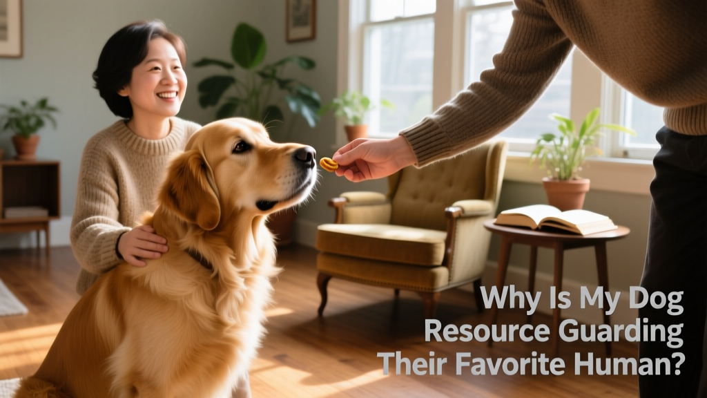 A confident dog calmly accepting treats from a family member while their favorite person stands nearby