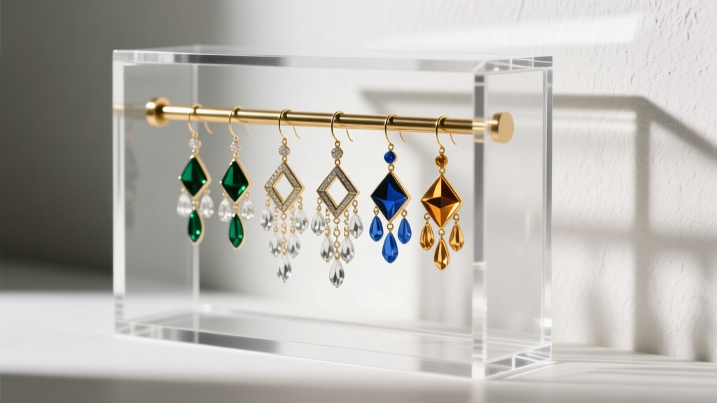 Side view of acrylic earring display box with suspended chandelier earrings hanging from a brass rod highlighting vertical space