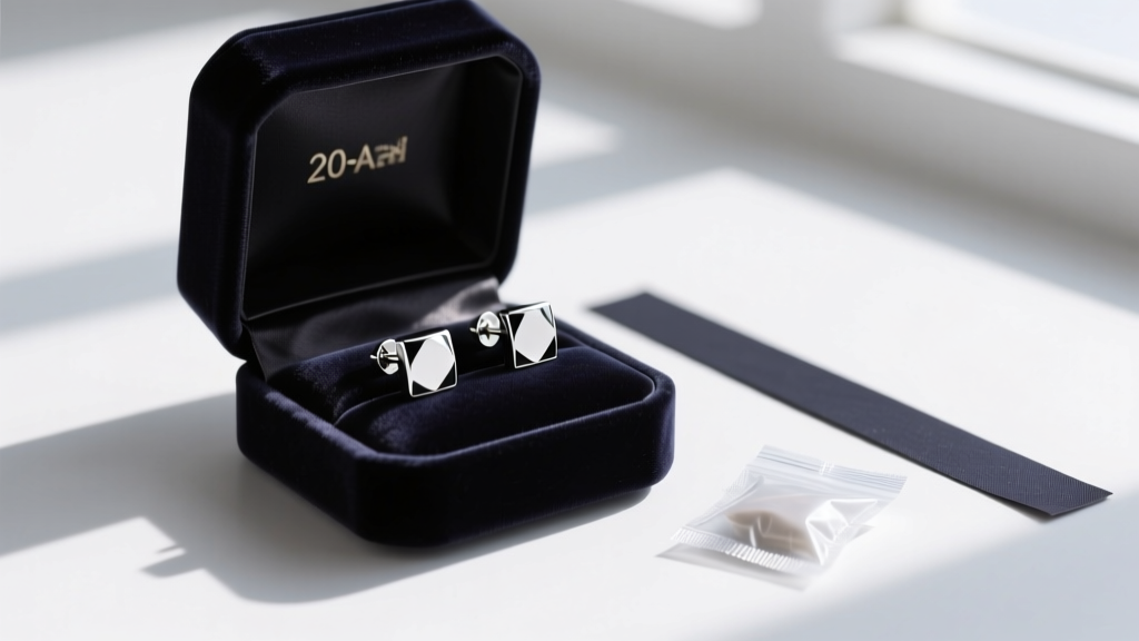 Velvet box displaying clean 20-gauge silver stud earrings next to a small silica gel packet and a dark anti-tarnish paper strip.
