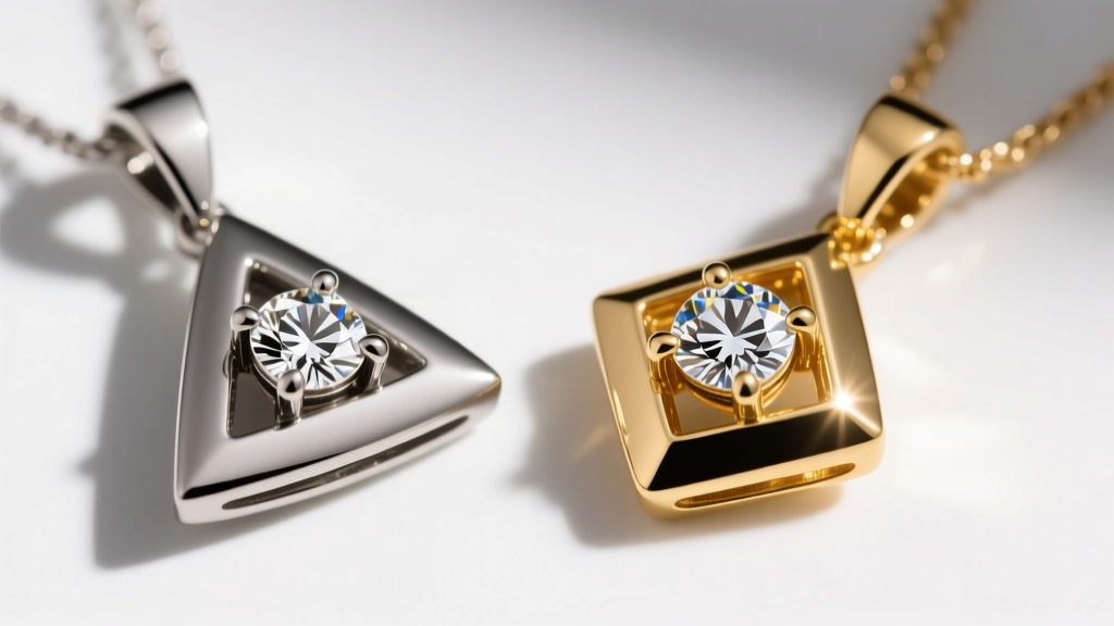 Macro shot of a PVD steel triangle pendant beside a 14k gold version, showing differences in luster and prong stone settings.