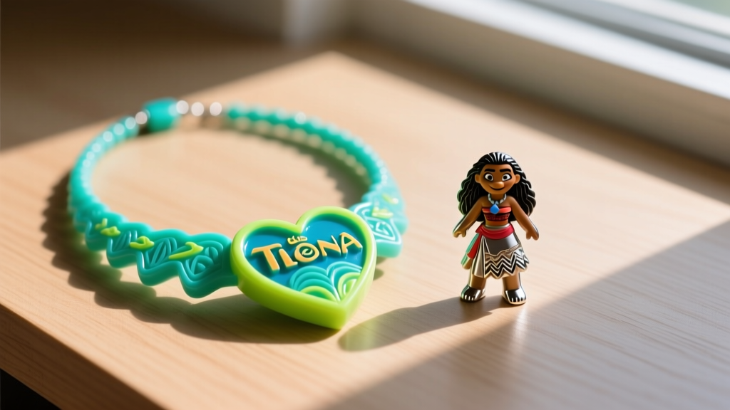 Flat-lay of a plastic Moana Heart of Te Fiti toy necklace next to a metal replica, showing size and texture differences on wood.