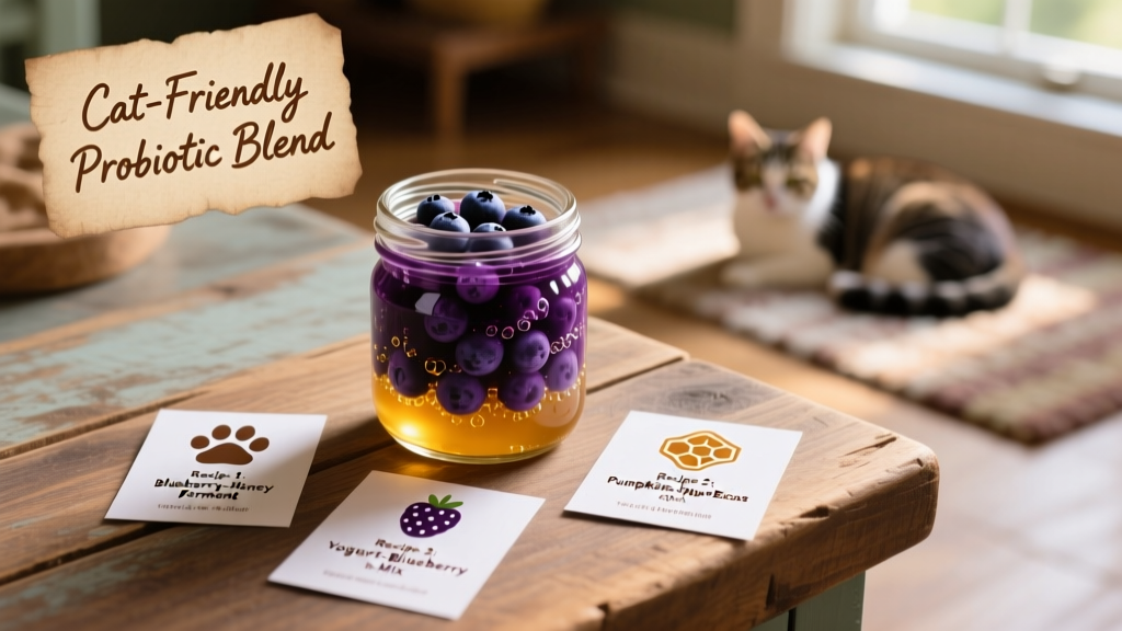 A small mason jar filled with deep purple fermented blueberries and honey, sitting on a wooden counter