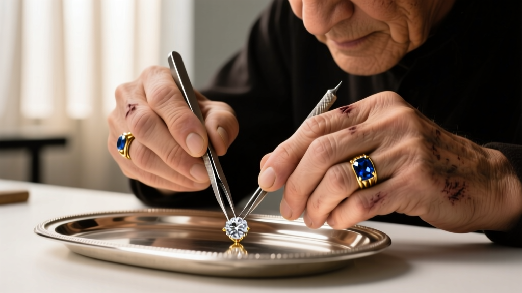 Close-up of a jeweler's loupe examining a tiny 999 hallmark stamped inside a pure 24k gold signet ring under bright LED light