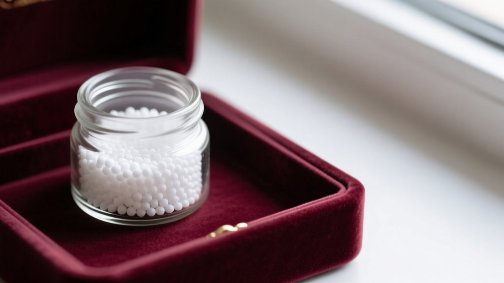 Small glass jar of silica gel beads sitting in the corner of a velvet jewelry box compartment to control interior humidity levels.