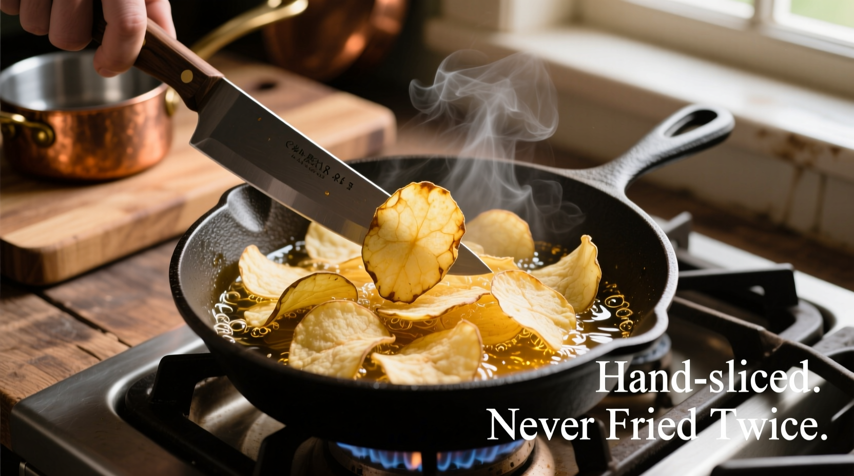 Artisan potato chips being hand-sliced and fried