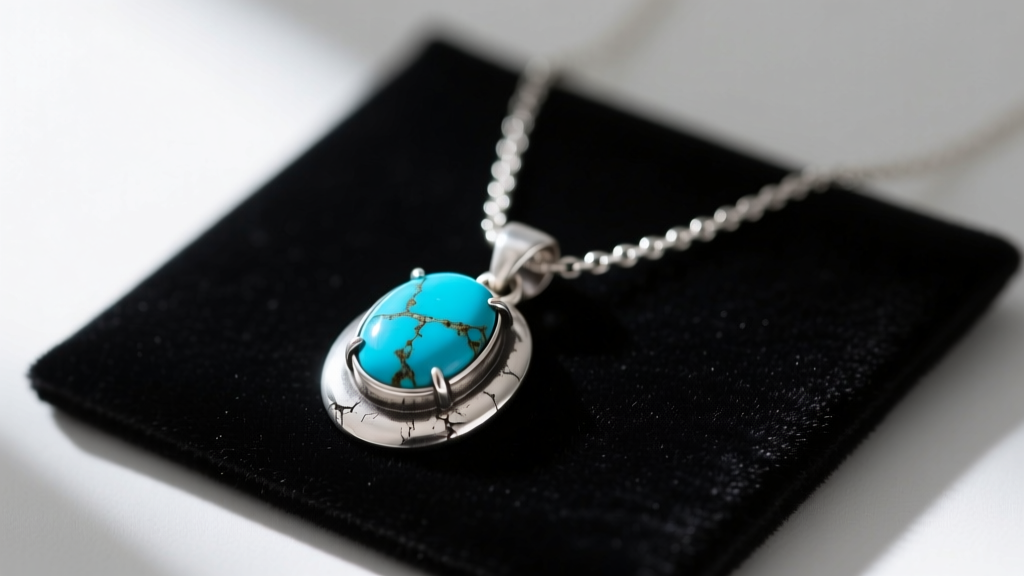 Close-up of a tarnished 925 sterling silver necklace with a turquoise pendant resting on a dark velvet jewelry repair mat.