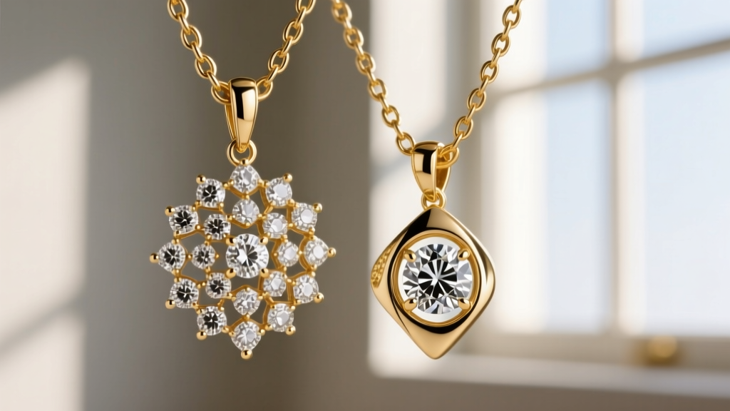 Macro shot comparing a cluttered prong pendant with a sleek asymmetrical bezel-set birthstone cluster on a polished 14k gold chain