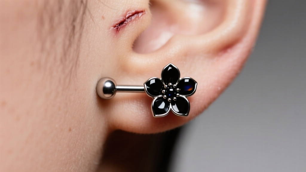 Close-up of a healed dahlia cheek piercing with a 14g titanium flat-back labret and black onyx floral end in soft studio lighting