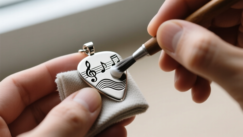 Hands using a microfiber cloth and silver polishing cream to gently buff the engraved grooves of a metal guitar pick pendant.