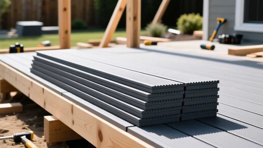 Stacked grooved composite decking boards in slate gray next to pressure-treated lumber framing on a sunny backyard construction site.
