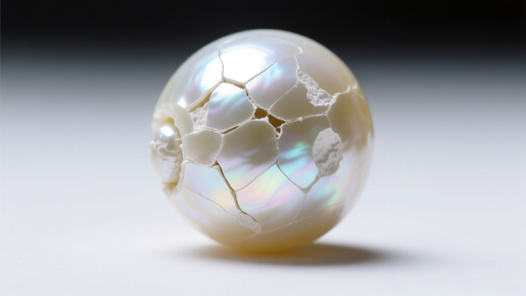Macro shot of a damaged freshwater pearl revealing micro-scratches and chalky patches across its lustrous white nacre surface.