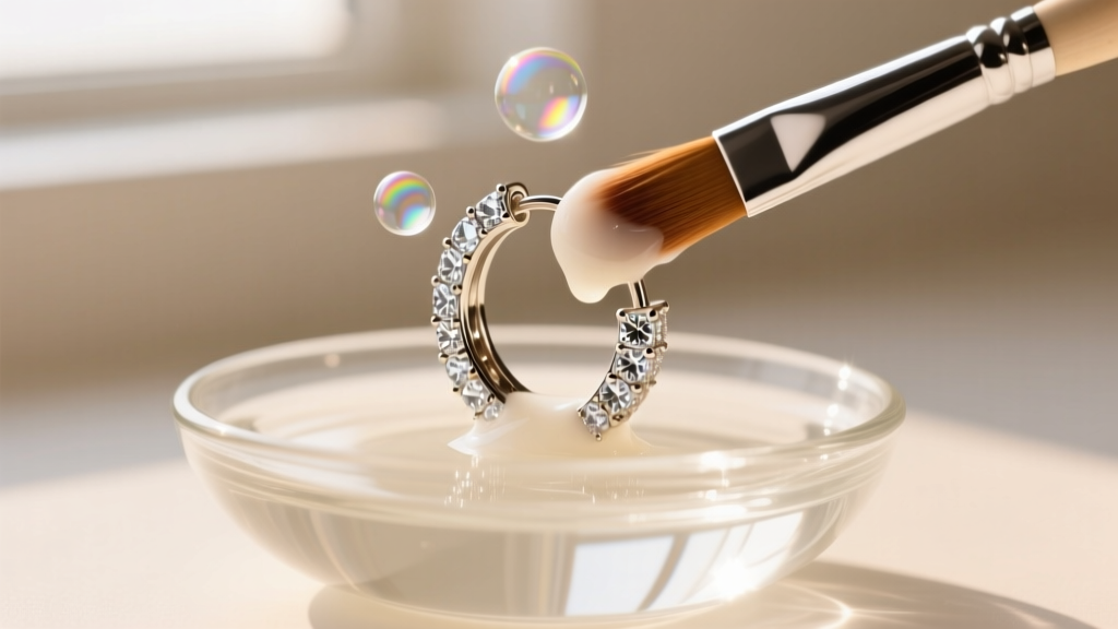 Soft brush gently cleaning a pave-set cubic zirconia hoop earring inside a small glass bowl filled with warm, mild soapy water