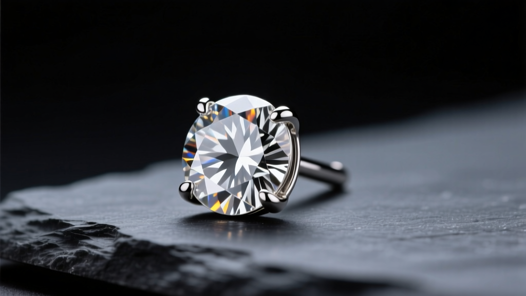 Macro shot of a round diamond stud earring in a platinum prong setting on dark slate, lit by soft studio lighting.