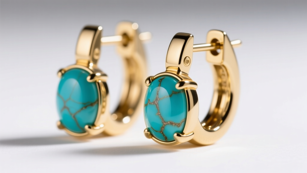 Macro shot of 14k gold turquoise huggie earrings with snap-hinge clasp and bezel-set stabilized Sleeping Beauty turquoise stones.
