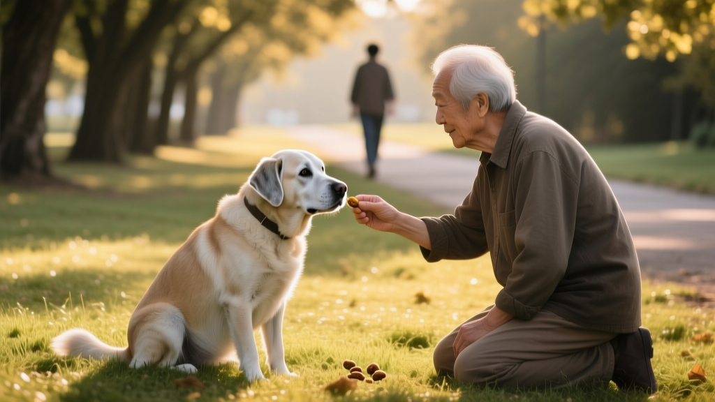 Owner kneeling beside senior dog, offering treats while dog watches a person walking calmly in the distance