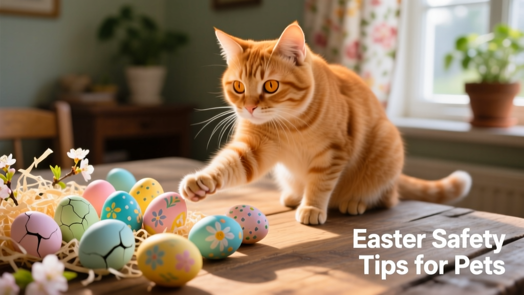 A ginger cat gently pawing at colorful Easter egg decorations on a tabletop