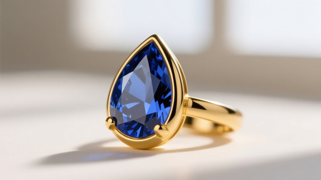 Close-up of a 14k yellow gold bezel-set pear sapphire earring, showing the secure metal rim protecting the gemstone tip.