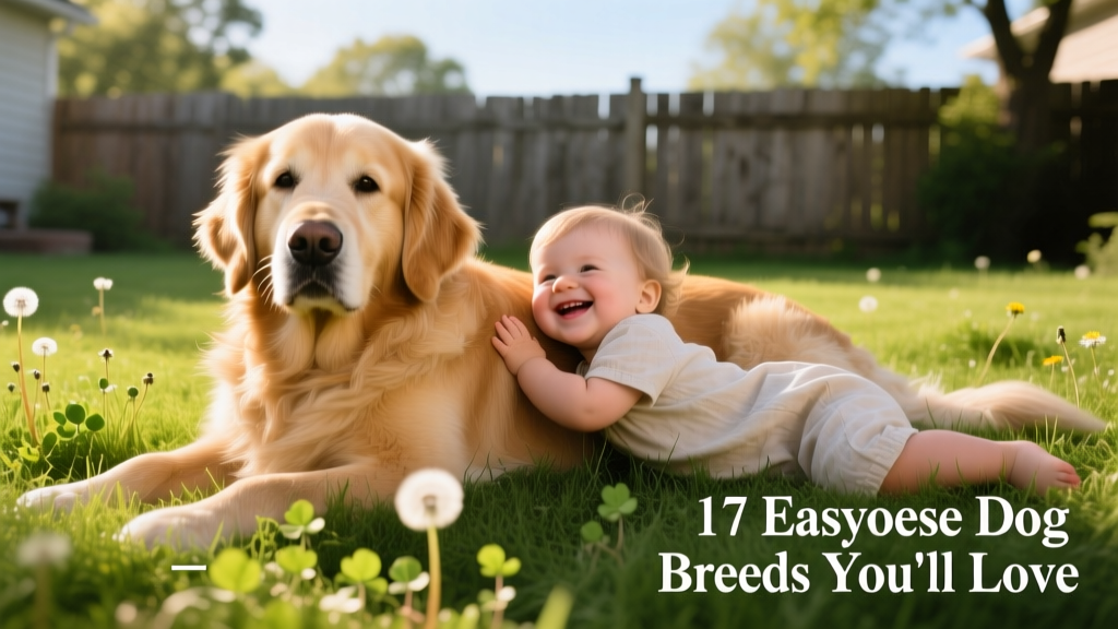 A calm Golden Retriever resting beside a toddler on a grassy backyard lawn