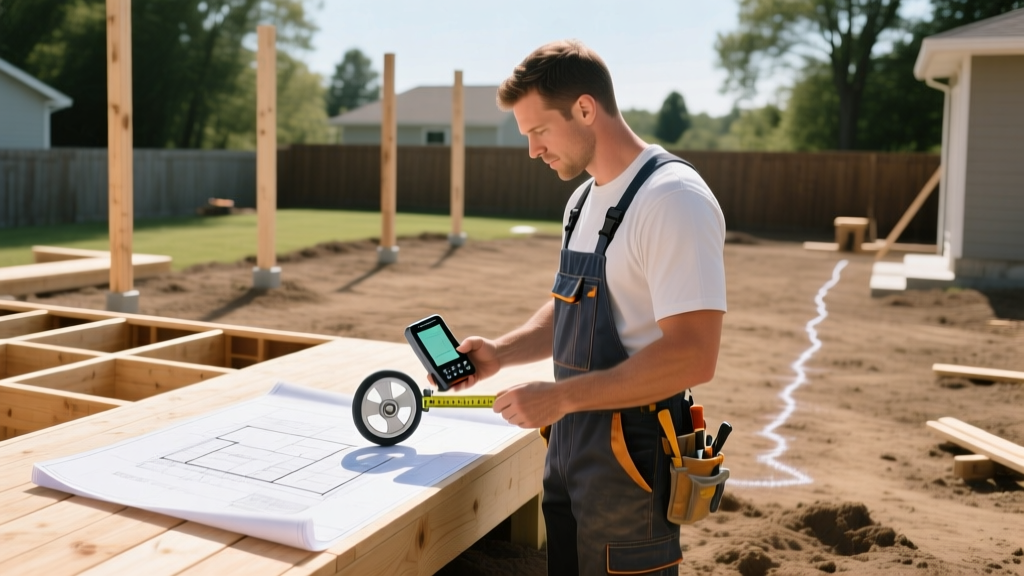 Carpenter reviewing blueprints and using a digital measuring wheel on a cleared backyard site to prepare for deck framing layout