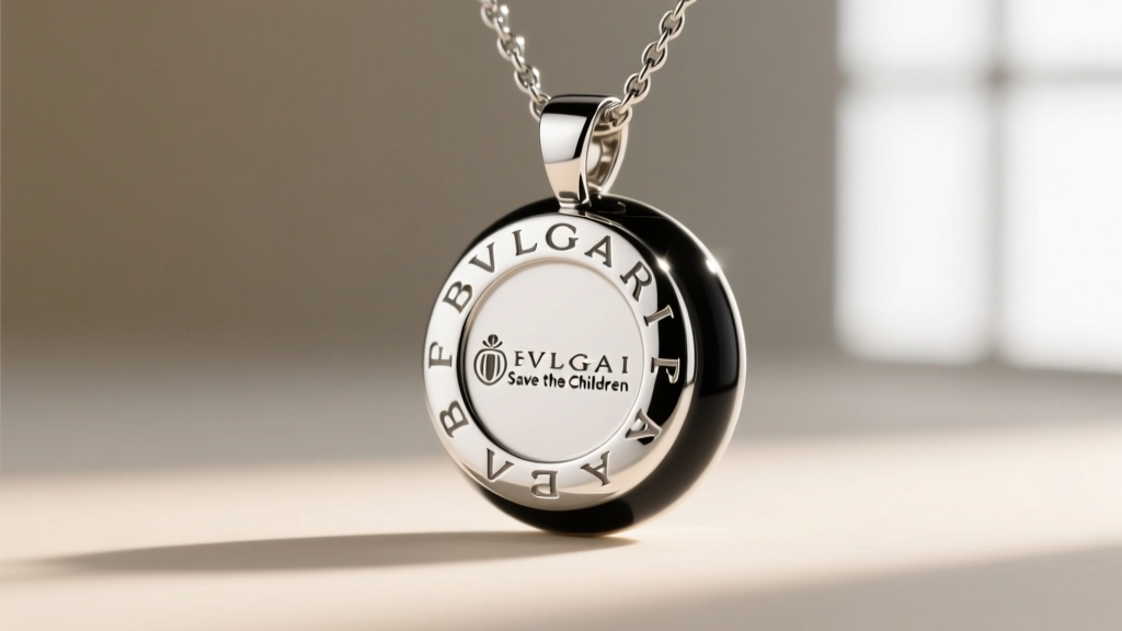 Macro shot of a Bvlgari Save the Children silver and black ceramic pendant showing the engraved logo and pristine rhodium finish