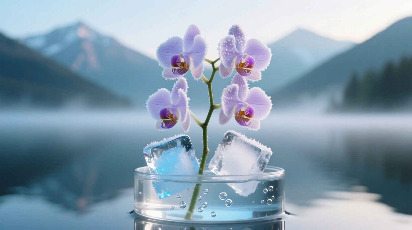 water orchids with ice cubes
