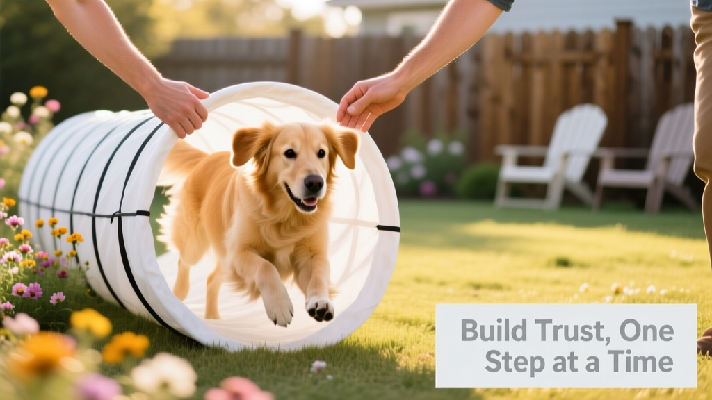 Two hands gently guiding a dog through a simple agility tunnel during a sunny backyard session