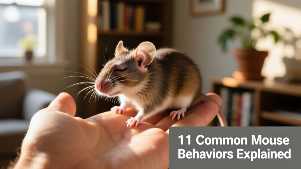 Side profile of a calm pet mouse with eyes half-closed, softly grinding its teeth while perched on a hand