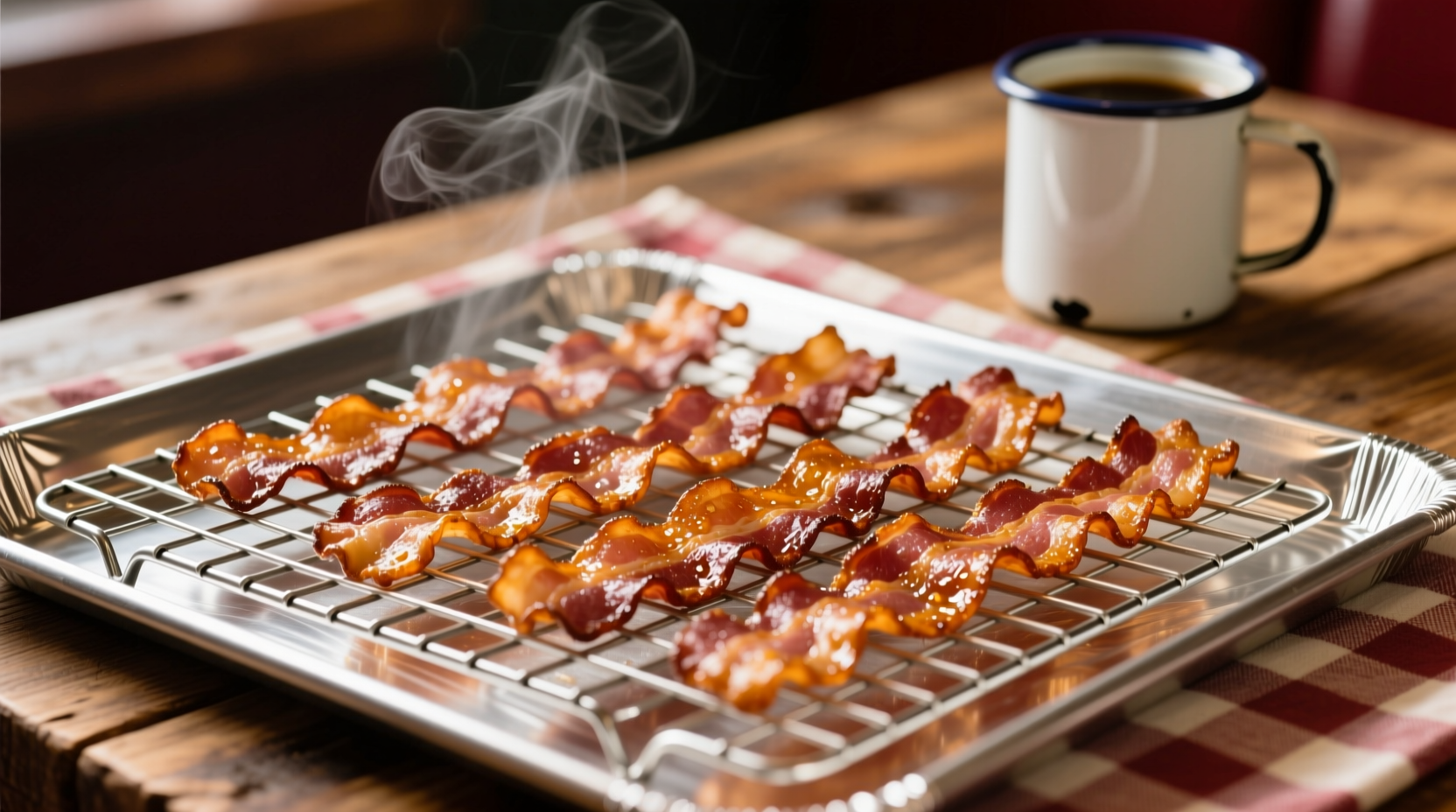 Bacon strips arranged on wire rack over baking sheet