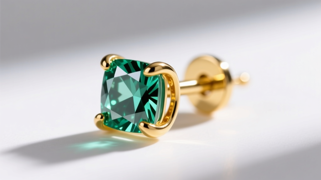 Side profile of a 14k yellow gold four-prong emerald cut stud earring, showcasing the gemstone depth and secure basket setting.