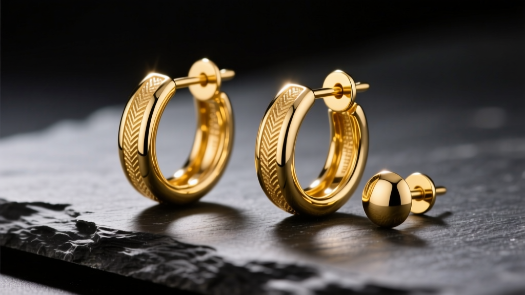 Close-up of 14k and 18k yellow gold hoop and stud earrings on dark slate, illuminated by warm directional studio lighting.