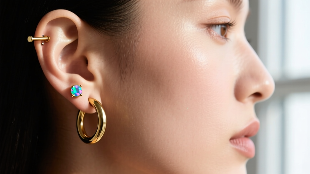 Side profile showcasing a 4mm thick gold huggie hoop in the upper lobe and a 4mm opal threadless end in the flat piercing.