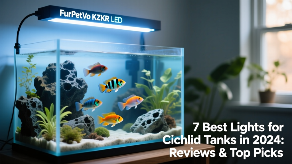 Side view of a cichlid tank lit by the FurPetVo KZKR light, highlighting rockwork detail and active fish under soft blue-white illumination