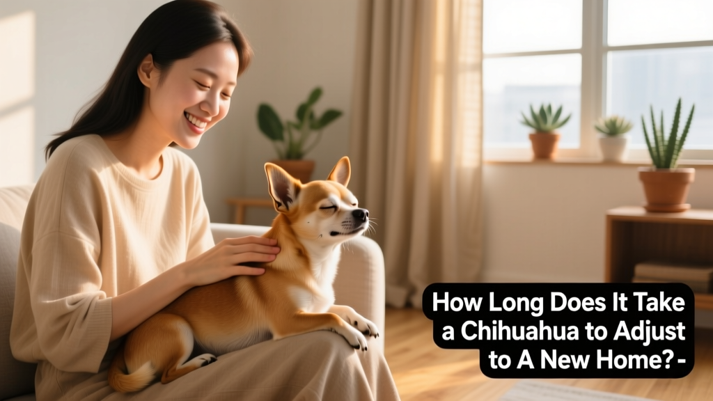 A smiling owner gently petting a relaxed Chihuahua resting on their lap