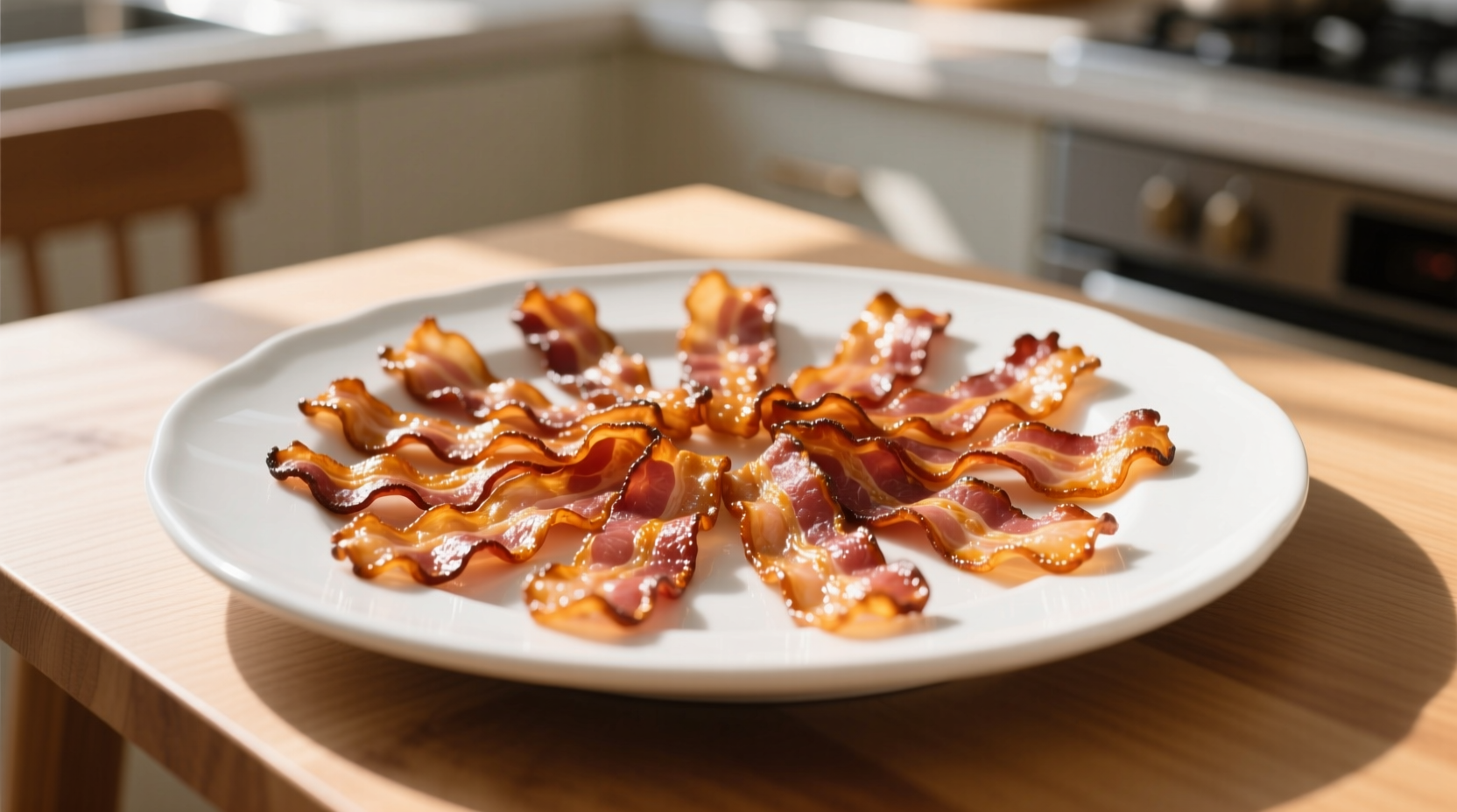 Perfectly cooked bacon strips on white plate