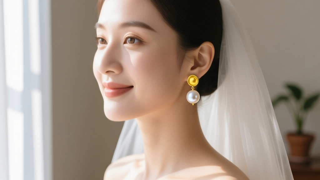 Close-up of bride wearing 18k yellow gold and white Akoya pearl drop earrings, soft natural window lighting, romantic mood.