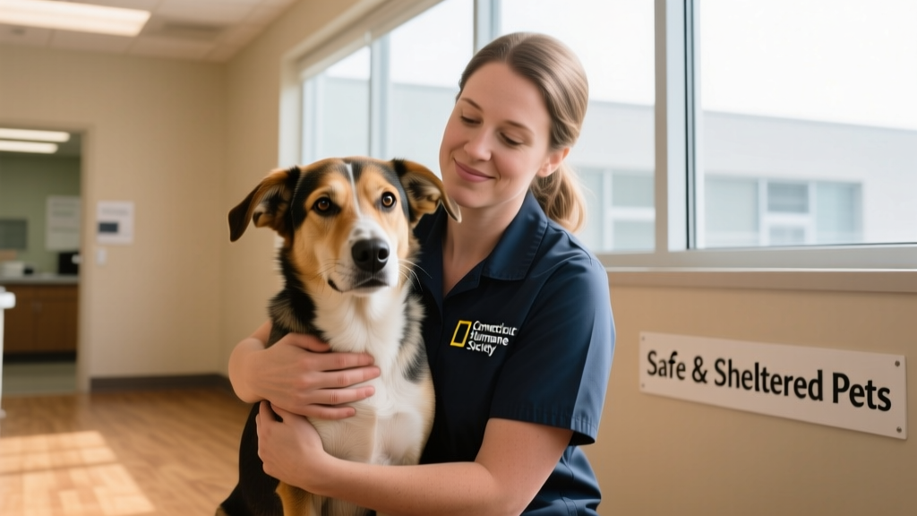 A compassionate shelter staff member gently holding a calm dog during an intake evaluation