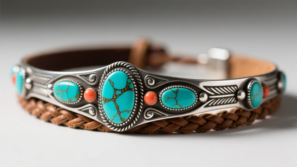 Close-up of a Native American artisan sterling silver headband with inlaid Kingman turquoise and coral, resting on braided leather