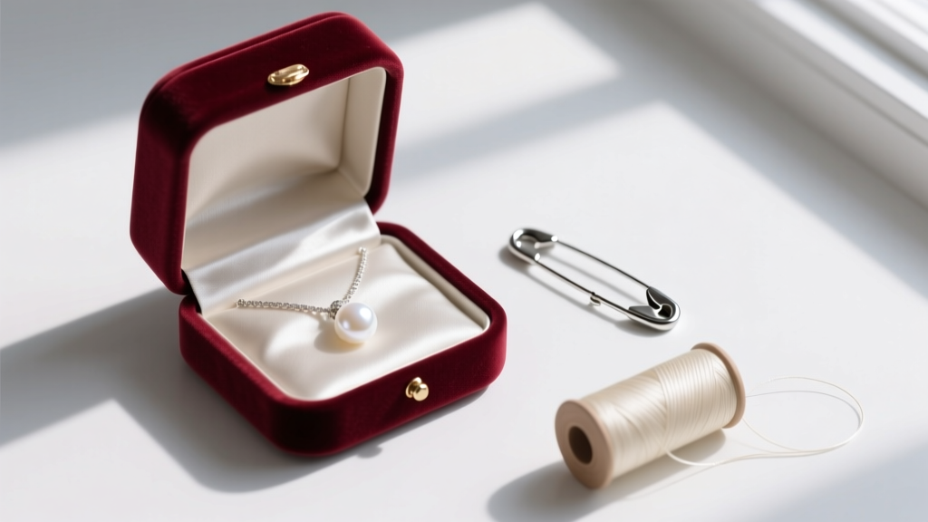 Flat lay of a velvet jewelry box containing a pearl pendant necklace, a small silver safety pin, and a spool of silk thread