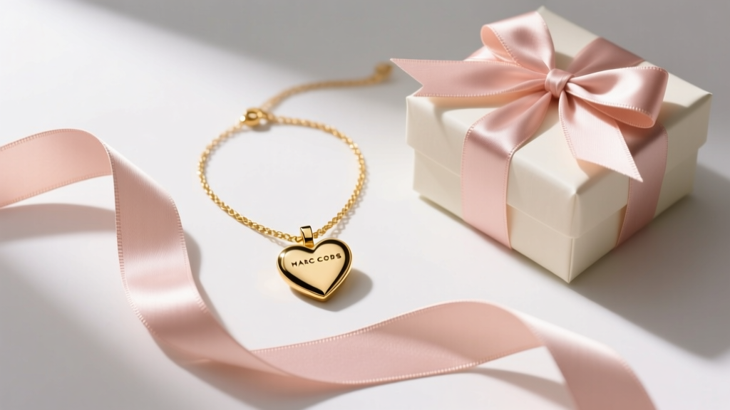 Flat lay of a gold-tone Marc Jacobs heart necklace resting on a blush silk ribbon next to a wrapped gift box, soft studio lighting