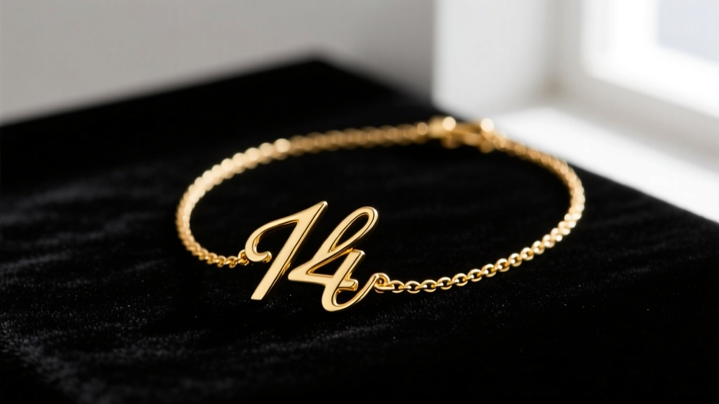 Macro shot of a 14k gold script initial necklace on black velvet, showing intricate cursive loops and a delicate cable chain.