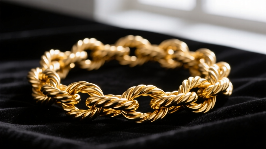Macro photography of a severely tangled 18k gold rope chain resting on dark velvet, highlighting complex knots and metal texture.