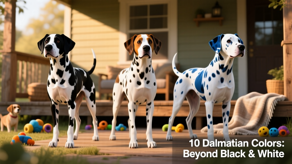 Side-by-side comparison of black-and-white, liver-and-white, and blue-and-white Dalmatians