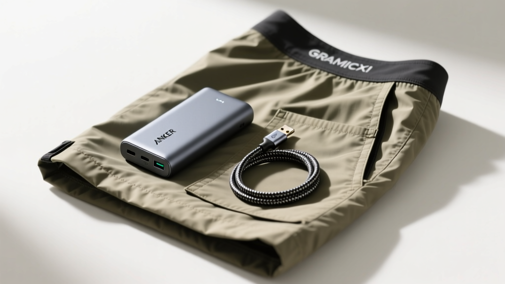 Anker Nano power bank and braided USB-C cable resting on folded nylon Gramicci shorts, showing the fabric texture and pocket depth.