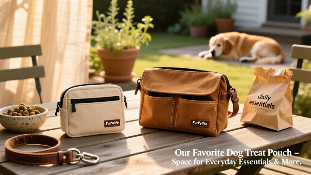 Side-by-side comparison of two FurPetVo treat pouches: one compact with single compartment, one larger with dual compartments